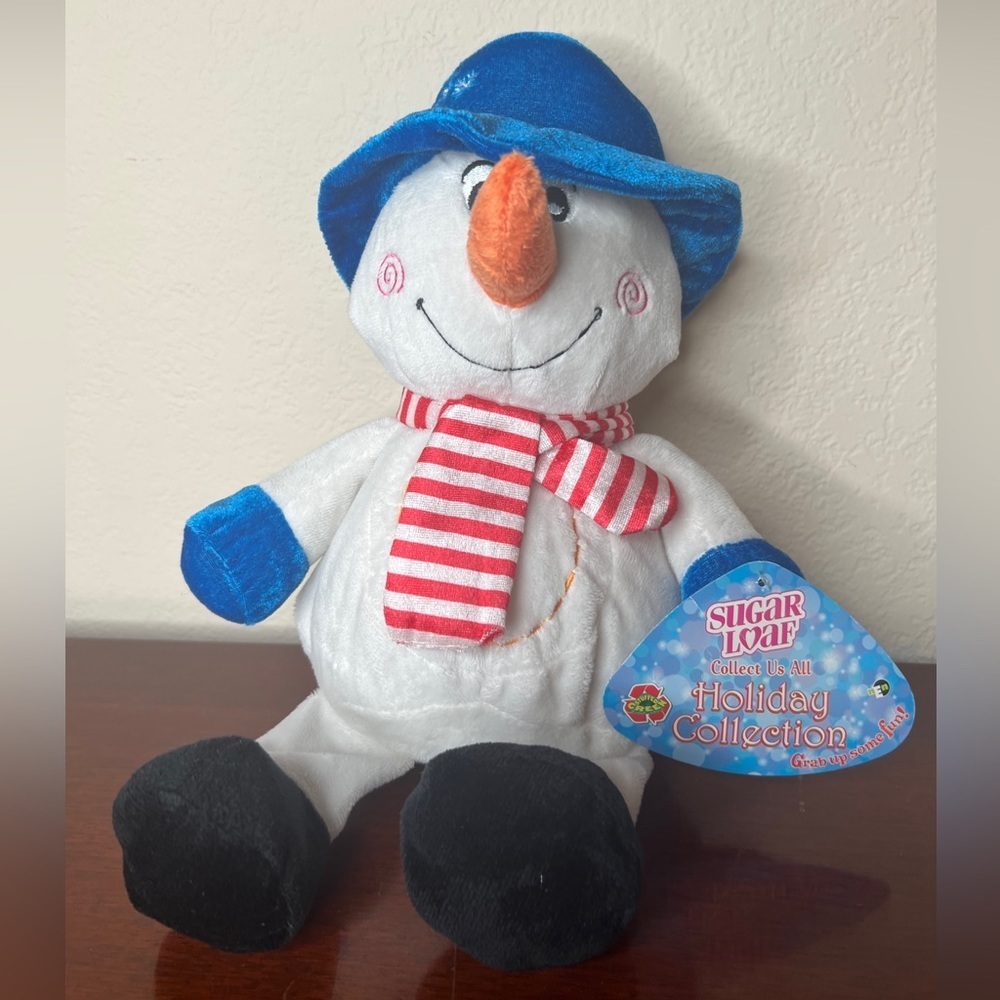 Kellytoy Sugar Loaf Snowman Plush With Blue Hat & Red White Striped Scarf
